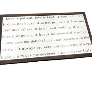 Love is Patient; Love never fails Bible scripture farmhouse wall art